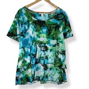 Vintage Y2K 2000s Watercolor Top Women Size 2X Fairy Sequins Flutter USA Made